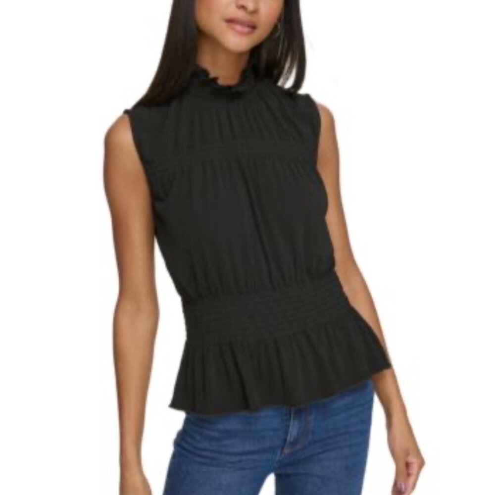 KARL LAGERFELD Paris Black Smocked Peplum Knit Top – Sleeveless, Size Small